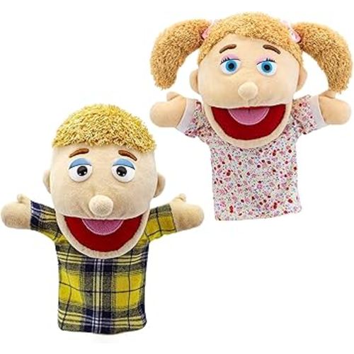 Hand Puppet - Boy and Girl – Brother & Sister Human Moveable Mouth Plush Glove Puppet Toy for Kids - 28cm - Family People - Puppet Theatres