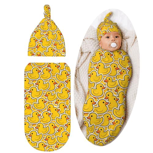 Cute Rubber Duck Baby Stuff Newborn Swaddle Blankets Soft Swaddling Blanket With Hat Sets Gifts For Infant Boys Girls