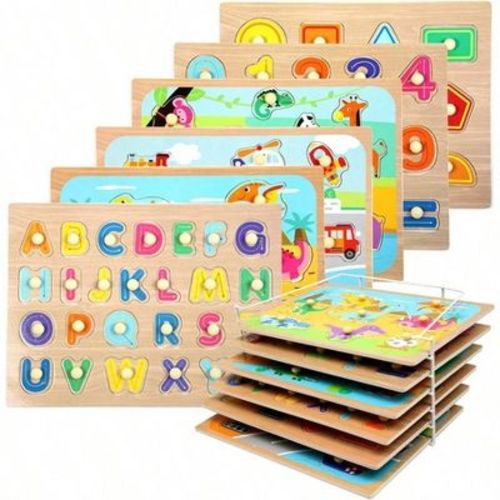 Wooden Peg Puzzles with Storage Rack, Knob Puzzles for - Alphabet, Numbers, Shapes, Dinosaur, Animal, Vehicle Multicolor Standard