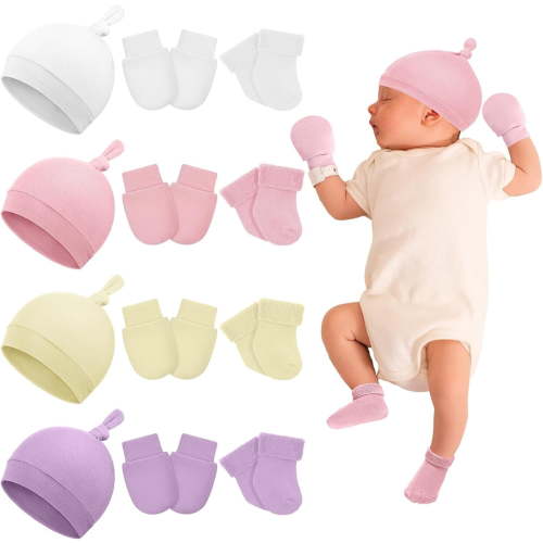 4 Pack Preemie Hats Mitten and Socks Set Preemie Cap No Scratch Mittens Warm Terry Socks for Girls Boys