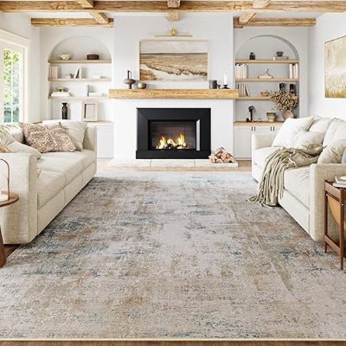 8x10 Washable Area Rug Beige Blue Abstract Living Room Bedroom Carpet Neutral Modern Non Slip Soft Low Pile Large Throw Rug for Dining Room Kitchen Office
