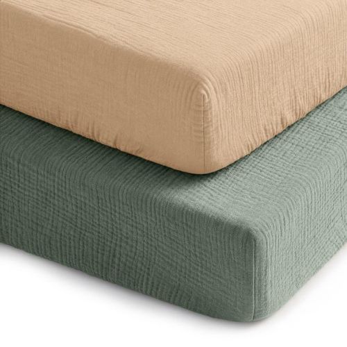 Comfy Cubs 100% Muslin Crib Fitted Sheet 2 Pack, Fern and Cream - 100% Cotton, Soft & Breathable Crib Sheets - Snug Fit, Secure Elastic