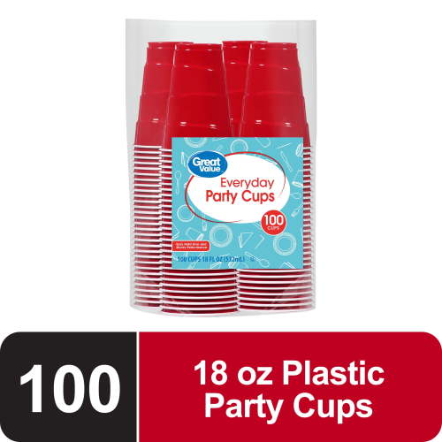 Great Value Everyday Disposable Plastic Party Cups, Red, 18 oz, 100 Count
