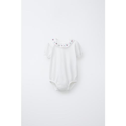 FLORAL EMBROIDERED COLLAR BODYSUIT - Oyster-white | ZARA United States