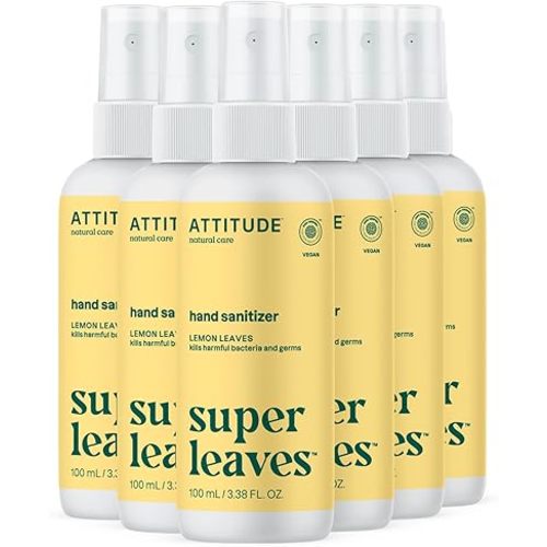 ATTITUDE Hand Sanitizer Spray for Adults and Kids, EWG Verified, Kills Bacteria and Germs, Vegan, Lemon Leaves, 100 mL (Pack of 6) (Spray Bottle)