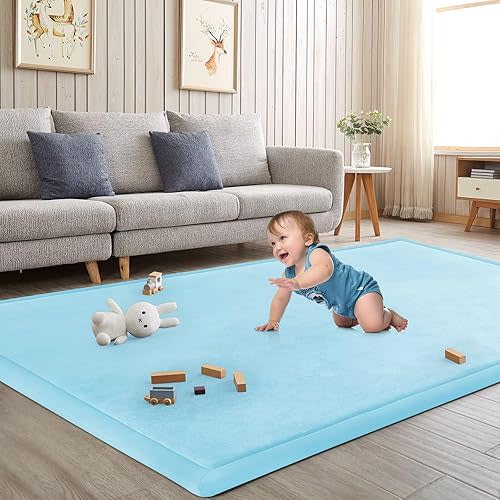 Baby Play Mat for Floor Nursery Muscle Mat Area Rug Playroom Rug 50"x50" Memory Foam 1.3" Thick Crawling Mat for Babies,Toddlers, Infants,Kids (Ice Blue)