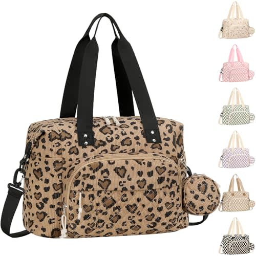 Tenot Diaper Bag Tote, Baby Bag with Pacifier Case, Leopard Print | Corduroy, Large Capacity, Travel Diaper Bag with Shoulder Straps for Mom, Dad, Baby Girl Boy, Maternity Hospital Bag
