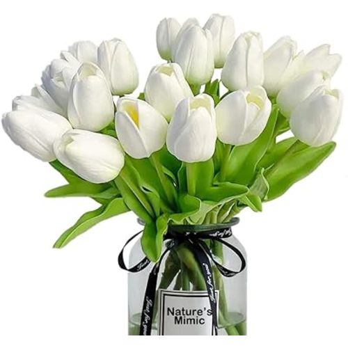 20pcs White Tulips Artificial Flowers 13 Inch PU Fake Flowers Fake Tulips