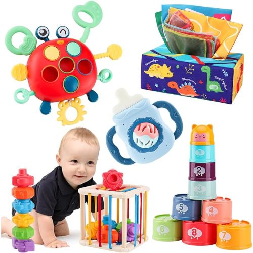 Montessori Baby Toy for 6 12 18 Months,Teether Rattle Toy Tissue Box Pull String Crab Toy,Infant Sensory Toys Shape Storage Bin,Stacking Cup Toy Gift for Toddlers Boys Girls 1 2 3 Year Old - 5 in 1