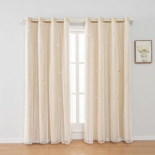 FANLI 2 Panels Star Blackout Curtains for Kid Girls Bedroom Living Room Darking Stripe Double Layer Star Cut Out Wall Home Decor Gradient Grommet Window Curtains (Beige 72L)
