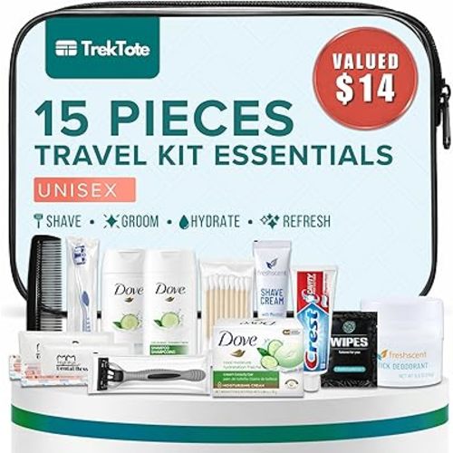 TrekTote Complete 15 Piece Unisex Travel Hygiene Kit with Toiletries & Personal Care Essentials, TSA-Compliant, Individually Packaged in Clear Bag, Single or Bulk Packs