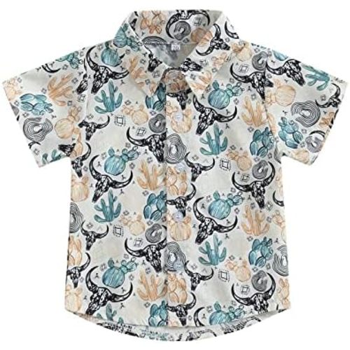 Western Baby Boy Clothes Cow Print Shirts Short Sleeve Button Down Lapel Neck Tops Summer T-Shirt 6M-4T