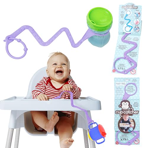 Brilli Baby Cup Catcher Patented Safety Tether Strap, Attach Sippy Cups, Bottles, Pacifiers & More to Stroller, High Chair, Car Seat, Made in USA, Food Grade, Dishwasher Safe, Lavender