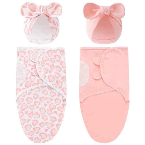 Cinaci 2 Pack Soft Cotton Baby Receiving Swaddle Blankets Wraps Sleep Sacks with Matching Bow Newborn Nursery Bow Hats Caps Beanies Bonnets for Baby Girls Boys Newborns Infants (Multicolor S5)