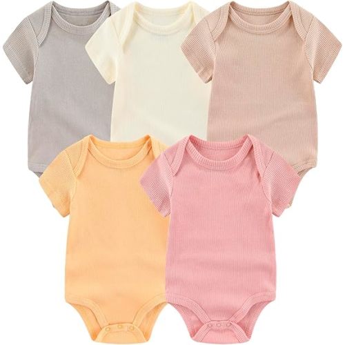 MAMIMAKA Newborn Baby Short Sleeve Bodysuit Cotton One-Piece Baby Clothes 5-Pack, 0-12 Months