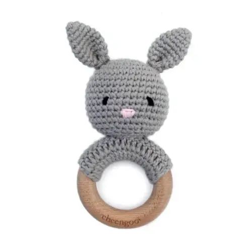 Cheengoo Hand Crocheted Teething Ring Rattle in Grey Bunny - Organic Bunny