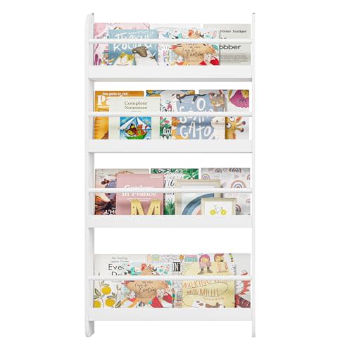 FOTOSOK Kids Bookshelf, Wall Mount 4-Tier Book Shelf Organizer for Toys and Books, Toy Storage Bookshelf in Bedroom, Living Room and Nursery, White