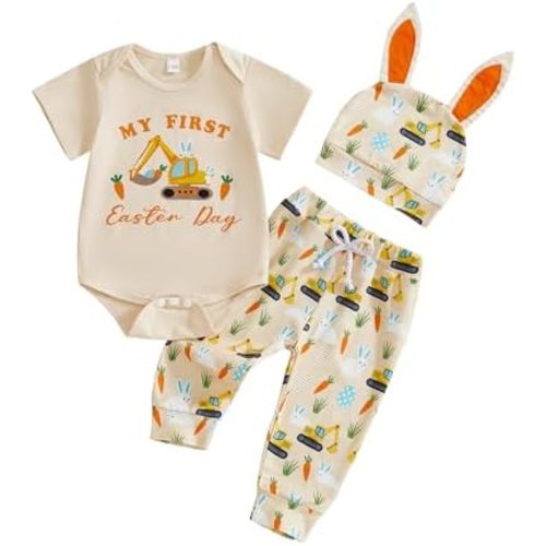 My First Easter Baby Boy Outfit Excavator Bunny Carrot Short Sleeve Romper Pants and Ears Hat 3 Piece Spring Set