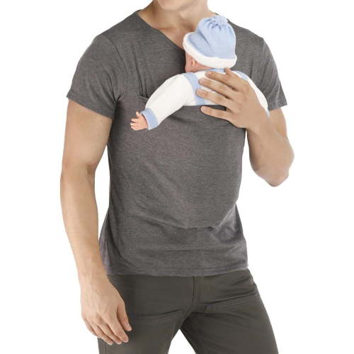 Lureza Mens Kangaroo Shirt V Neck Short Sleeve Baby Carrier T-Shirt for Dad, Skin to Skin Dad Shirt with Pouch for Newborn Bonding and Comfort