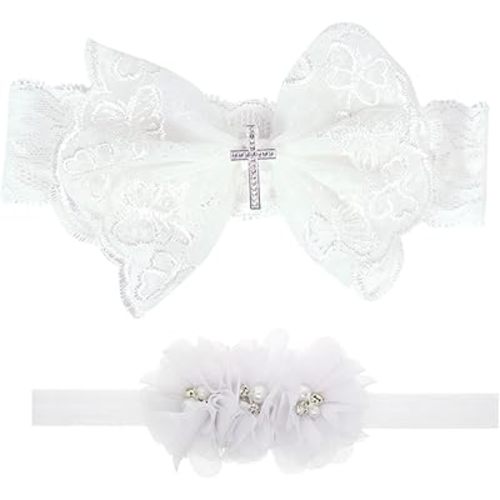 Nishine 2 Pack Baptism White Newborn Bowknot Headbands Baby Christening Hair Bows Headwrap Toddler Hairband (Cross Button)