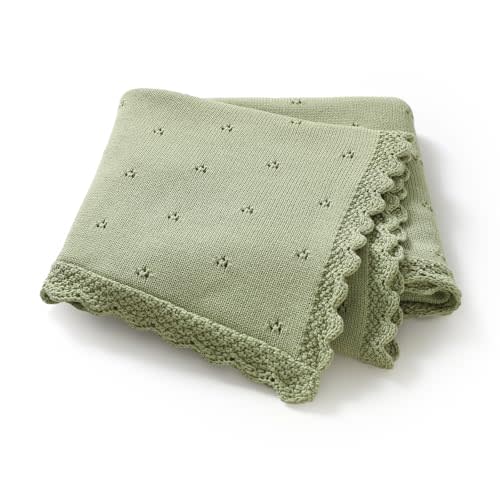 LAWKUL Organic Cotton Baby Blanket for Boys Girls, 30x40 Inch (Light Green) | Soft Knitted Crochet, Newborn Neutral, Crib Receiving, Nursery Swaddle, Lightweight Breathable