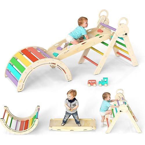 Pikler – Ensemble triangulaire pliable 7 en 1 avec coussin, gymnases de la jungle, jouets d'escalade en bois pour les tout-petits de 1 à 3 ans, cadeau Montessori, aire de jeux intérieure pour