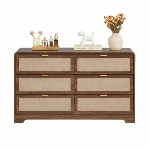 Giratree 4 5 6 Drawer Dresser for Bedroom, 48" Wide Curved Wooden Dresser with Natural Linen & Metal Handle, Mid Century Modern Chest of Drawers Closet Clothes Storage Organizer for Living Room, Walnut - TikTok Shop