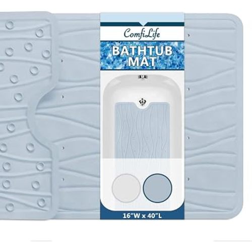 ComfiLife Bath Mat for Bathroom Tub and Shower – Non Slip Extra Large Bathtub Mat with Drain Holes & Suction Cups – Machine Washable Rubber Mats to Keep Bathtub Clean (Light Blue, Wave 16" x 40")