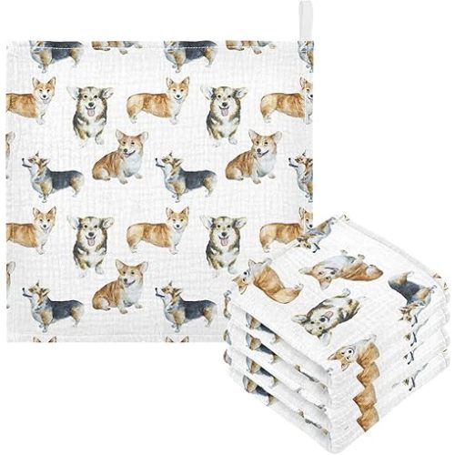vvfelixl Baby Cotton Washcloths Realistic Corgi Infants Bath Towel for Unisex Face Towels for Newborn, Natural Baby Wipes Delicate Skin, 11.8 X 11.8 inch, one sizex5