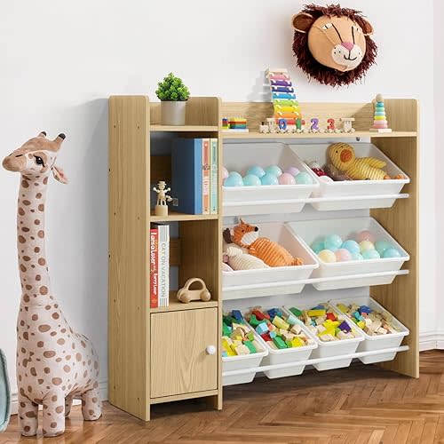 CAPHAUS Natural Oak Toy Organizer with 8 White Plastic Bins, Modern Storage Cabinet for Kids' Toys and Books, 112.5 cm (W) x 100 cm (H) x 30 cm (D)