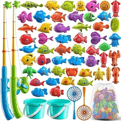 Magnetic Fishing Game Pool Toys for Kids 3-5, Water Table Bathtub Kiddie Party Toy with Pole Rod Net Plastic Floating Fish, Outdoor Toys for Kids Age 3 4 5 6 7 8 Year Old
