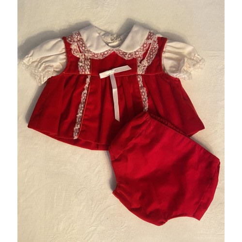 Vintage Baby Girl Red Velvet Dress Ruffle Sleeve 0-6M Embroidered Lace Trim