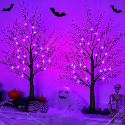 [Timer] Halloween Decorations Indoor, 2 Pack 24 Inch Black Halloween Tree with 24 Purple Lights, USB & Battery Operated Spooky Tree Halloween Table Decorations Indoor Home Party Decor Room Office