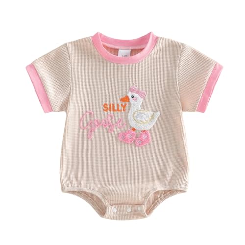 Summer Baby Girl Romper Silly Goose Embroidery Short Sleeve Waffled Bodysuit Infant Newborn Bubble Romper