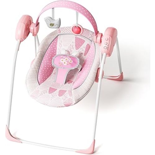 Portable Baby Swing, Pink Electric Infant Swing with 5 Speed Levels, 6 Songs & Timer – Battery-Powered Only (No Batteries Included) Pink and White