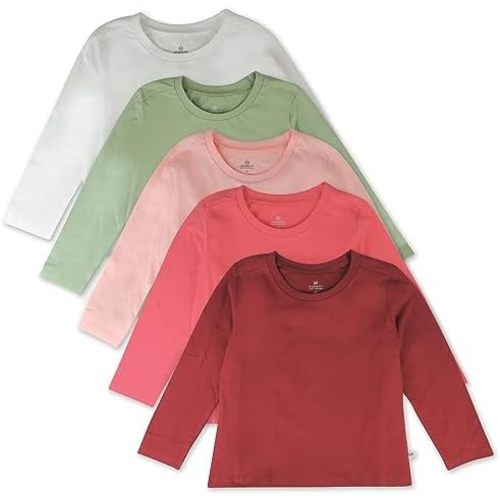 HonestBaby 5-Pack Long Sleeve T Shirts 100% Organic Cotton for Toddler, Little Kids Boys, Girls