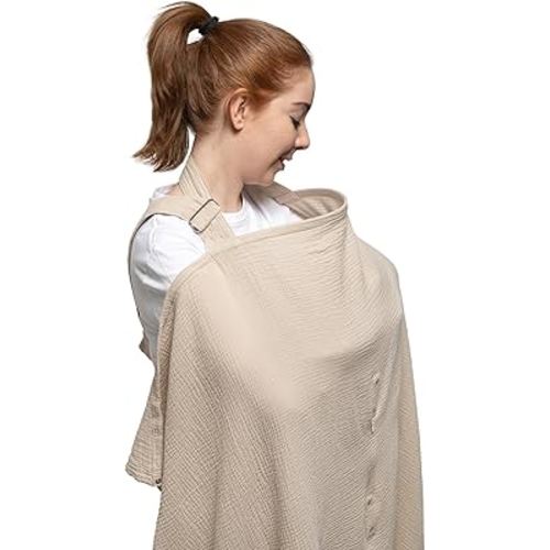 Nilsa 5-in-1 Muslin Nursing Cover up for Breastfeeding & Baby Car Seat Cover - Breathable Breastfeeding Cover With Rigid Hoop - 100% Cotton Privacy Apron Breast Feeding Covers For Women (Ecru)