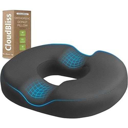 CloudBliss Donut Pillow Seat Cushion for Tailbone Pain Relief and Hemorrhoids, Memory Foam Chair Cushion for Postpartum Pregnancy, Seat Cushions for Men and Women for Home & Office, (Grey)