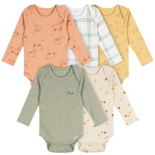 Gerber Baby Neutral 5-Pack Long Sleeve Bodysuits, Green Heather, 0-3 Months