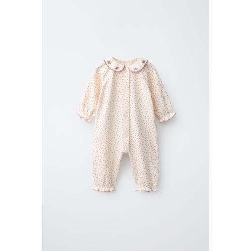 FLORAL TEXTURED JUMPSUIT WITH EMBROIDERED COLLAR - Pastel pink | ZARA United States