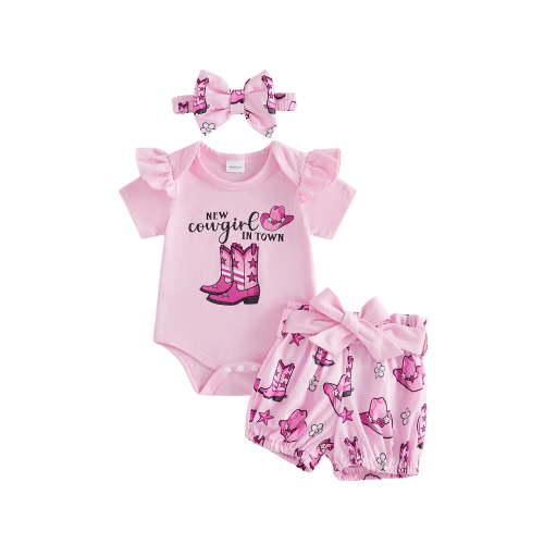BemeyourBBs Baby Girl Summer Outfits Letter Boots Cow Print Crew Neck Short Sleeve Romper Shorts and Bow Headband 3 Pcs Set