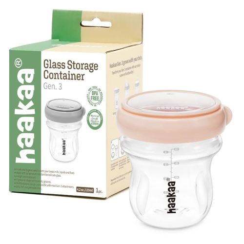 haakaa Breastmilk Storage Bottle Glass Baby Food Storage Jars Food Storage Containers with Leakproof Lid, Dishwasher-Safe, Microwave and Freezer-Friendly, BPA-Free (Peach, 4.2oz/120ml, 1 pc)