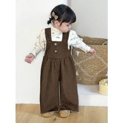 SHEIN Baby Girl Casual Front Button Loose Wide Leg Denim Overalls, Autumn | SHEIN USA