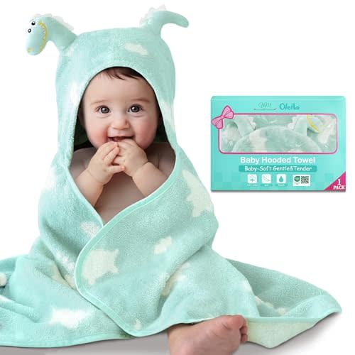 Infant Bath Towels Dinosaur, Organic 100% Cotton,30.5"X36" | Dino Hood Design,Super Absorbent Soft, Baby Newborn Essential,Perfect for Beach Pool Bath Swim Use
