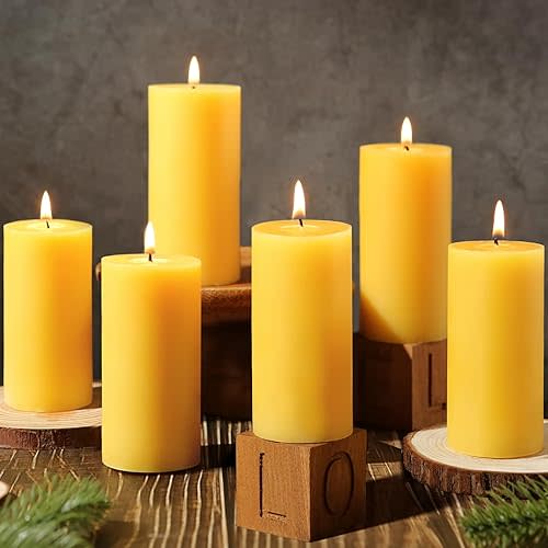 6 Pack Natural Beeswax Pillar Candles,100% Pure Beeswax Candles-210 Hours Long Burning,Organic Bees Wax Candles for Home,Emergency,Prayer,Parties,Unscented Dripless Smokeless Beeswax Candle Bulk 2x4in