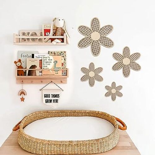 Rattan Wooden Daisies, 4PCS, Daisy Wall Decor, Nursery Shelf Decor, Boho Nursery, Baby Girl, Girls Bedroom