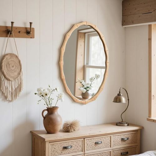 sawsile Oval Wood Mirror,Rustic 20x30 Inch Bamboo Farmhouse Decorative Vanity Natural Mirrors for Bedroom, Bathroom, Living Room,or Entryway