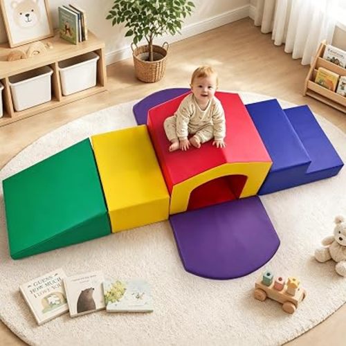 6 Piece Pu Leather Soft Play Set, Baby Foam Climbing Blocks for Toddlers 1-3, Lightweight Easy Clean Indoor Toddler Climbing Toys for Crawling & Sliding
