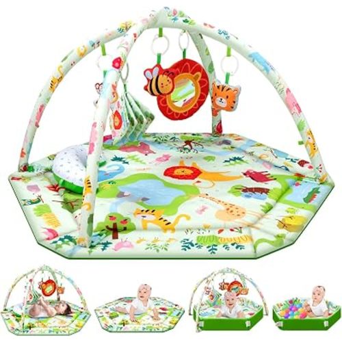 lulunemo Baby Play Mat,Tummy Time Mat with 6 Detachable Toys-Activity Gym for Visual, Auditory & Motor Development-Washable Baby Activity Mat for 0-12 Month Infants(Animal Theme)