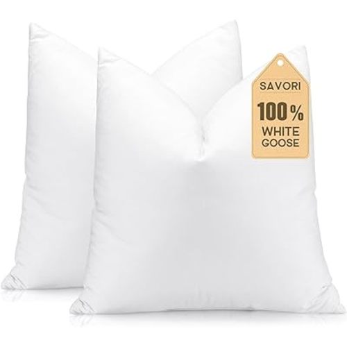 SAVORI Set of 2 Down and Feather Throw Pillow Inserts 28x28 Soft Fluffy Pillow Inserts with 100% Down-Proof Cotton Cover, Decorative Square Cushion Inner for Sofa Couch Bed-White